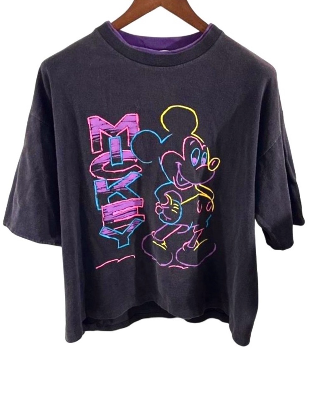 VTG Disney Neon Mickey Double Collar Boxy T-Shirt Size Men’s Large
